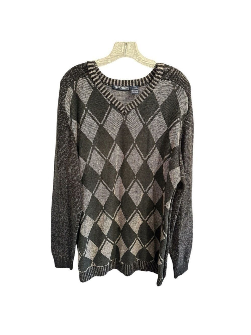 Blueprint Tight Knit Womens Large Long Pullover Sweater Cotton Gray Diamond